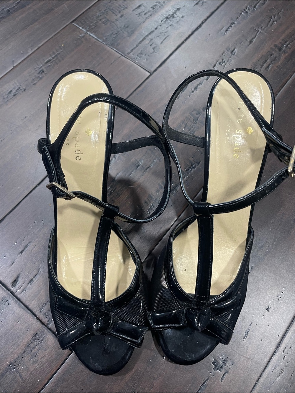 kate spade Black Patent T-Strap Sandal with Bow Detail